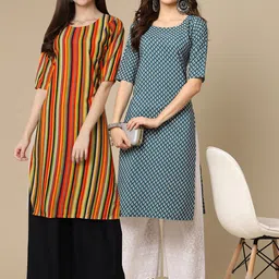 KALINI Women Pack of 2 Mustard Yellow Printed Thread Work Crepe Kurta-image-75
