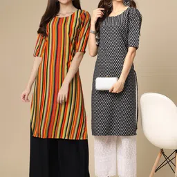 KALINI Women Pack Of 2 Yellow & Black Ethnic Motifs Printed Crepe Kurta-image-11