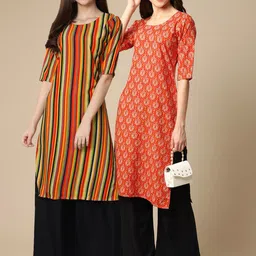KALINI Women Set Of 2 Orange & Peach-Coloured Printed Crepe Kurta-9