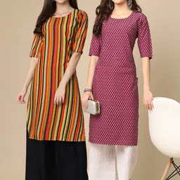 KALINI Women Pack Of 2 Yellow & Purple Printed Block Print Crepe Kurtas-image-54