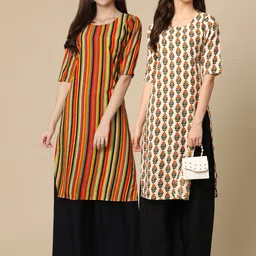 KALINI Women Pack Of 2 Orange & Cream-Coloured Printed Block Print Handloom Crepe Kurtas-picture-2