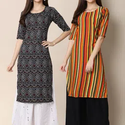 KALINI Women Pack of 2 Black & Orange Ethnic Motifs Printed Block Print Crepe Kurta-image-55