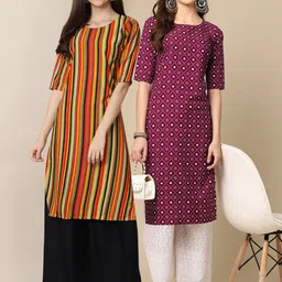 KALINI Women Pack of 2 Orange & Maroon Ethnic Motifs Printed Crepe Kurta-image-80