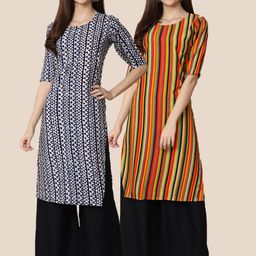 7Threads Women Pack Of 2 Blue & Orange Striped Block Print Crepe Kurta-image-17