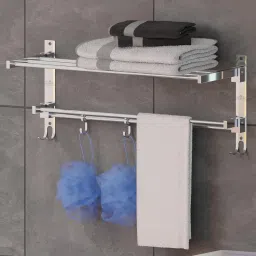 Towel Rack Shelf with Hanger Hooks D-shape (18 inch) Silver Towel Holder-image-42