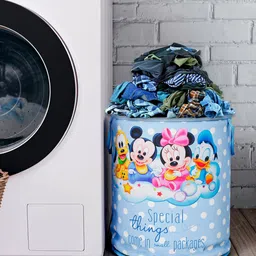 Kuber Industries Blue & White Disney Mickey & Team Print Foldable Waterproof Laundry Bag-25