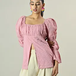 swishin Casual Puff Sleeves Solid Women Pink Top-picture-16