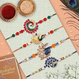 Designer LMR-R-2-4-6-8 Gold Finish, Pearl, Mauli Thread, Kundan Rakhi, Chawal Roli Pack, Greeting Card Set-20