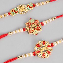 Kord Store Set of 3 Red & Green Ruby Studded Beaded Thread Rakhi image 3