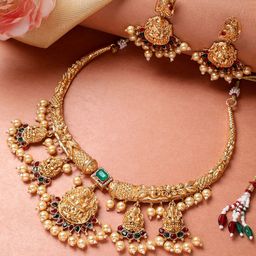MANSIYAORANGE 24k Gold-Plated Maa Lakshmi Temple Kempu Stone Jewellery Set-image-28