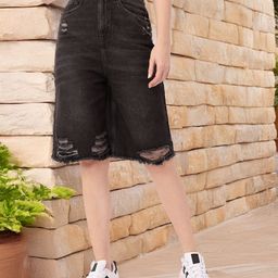 DressBerry Women Edgy Grunge Washed Distressed High-Rise Relaxed Fit Denim Jorts-image-25
