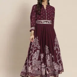 Juniper Maroon & White Ethnic Motifs Printed Georgette A-Line Maxi Dress-image-35