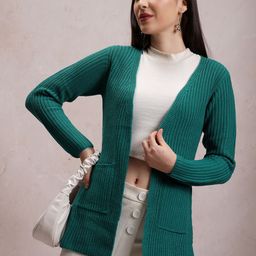 Tokyo Talkies Teal Cable Knit Longline Acrylic Front-Open Sweater-picture-47