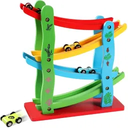 Wooden Race Track Car Ramp with 4 Wood Toy Cars, Zig Zag Gliding Ramp Racing-12