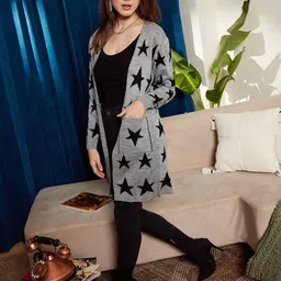 Berrylush Grey & Black Conversational Printed Longline Front Open Sweater-1