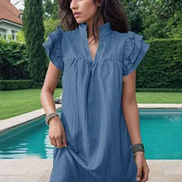 StyleCast Blue High Neck Flutter Sleeves A Line Dress-image-41