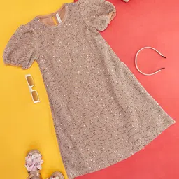Pantaloons Junior Girls Embellished Sequined Puff Sleeve Bling & Sparkly A-Line Dress-picture-19
