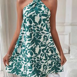 StyleCast White & Green Tropical Print Halter Neck A-Line Dress-image-17
