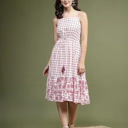 Ramas Checked Shoulder Straps Sleeveless Gathered A-Line Midi Dress-picture-10