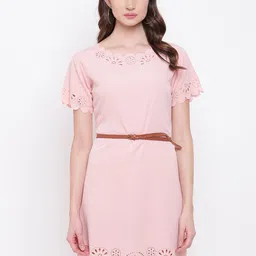 Mayra Self Design Round Neck Schiffli A-Line Dress-image-9