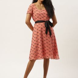 Deewa Women Peach-Coloured & Black Printed A-Line Dress with Belt-25