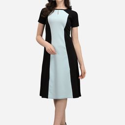 PURVAJA Blue & Black Colourblocked Keyhole Neck A-Line Dress-image-39