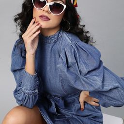 plusS Denim Blue Solid Power Shoulders A-Line Dress-image-60