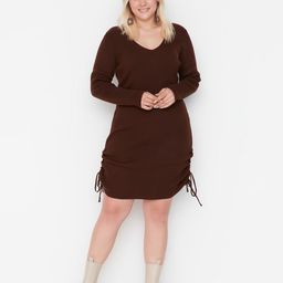 Trendyol V-Neck Ribbed Knitted Ruched A-Line Dress-image-60