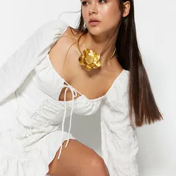 Trendyol Self Design Tie-Up Neck Puff Sleeves Tiered Detail A-Line Mini Dress-picture-4