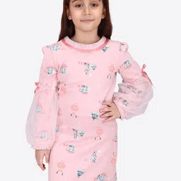 CUTECUMBER Girls Conversational Printed Puff Sleeve Net A-Line Dress-image-41