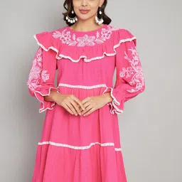 Amagyaa Self Design Cotton Round Neck Puff Sleeve A-Line Casual Dress-picture-51