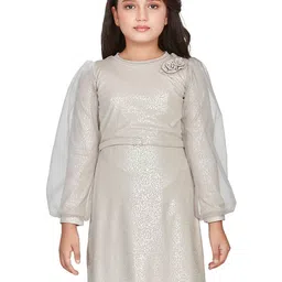 Peppermint Self Design Puff Sleeve A-Line Dress-image-57