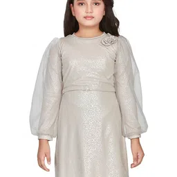 Peppermint Self Design Puff Sleeve A-Line Dress-image-59