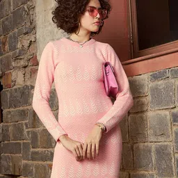 SASSAFRAS Pink Geometric Self Design Jumper Dress-image-61