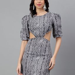 TRYMISFIT Geometric Printed Puff Sleeve Cut Out Cotton A-Line Dress-image-53