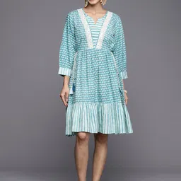 KALINI Ethnic Motifs Print Round Neck Puff Sleeve A-Line Cotton Tiered  Dress-image-69