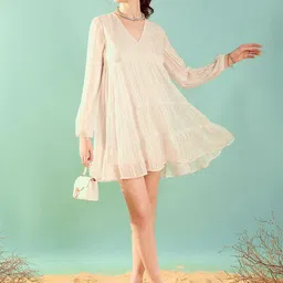 KASSUALLY White V-Neck Layered A-Line Tiered  Dress-image-90