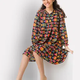 Uptownie Lite Black & Pink Crepe Tiered A-Line Dress-image-81
