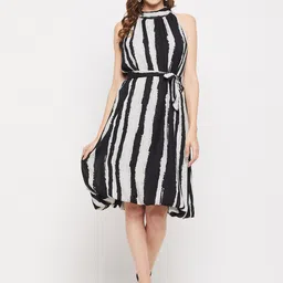 Ruhaans Black Striped Keyhole Neck Georgette A-Line Dress-picture-24