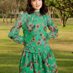 STREET 9 Green & Orange Coloured Floral Printed & Gathered Drop Waist Dress-image-46