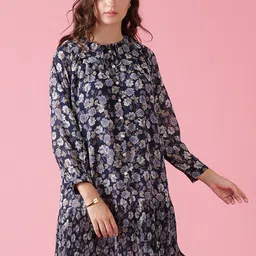 Gipsy Women Navy Blue & Grey Floral Peter Pan Collar Georgette A-Line Dress-image-65