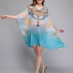 Aditi Wasan Ethnic Motifs Printed V-Neck Kimono Sleeves Semi Sheer Chiffon Kaftan Dress-image-50