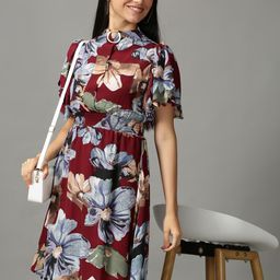 SHOWOFF Maroon Floral Chiffon Ethnic A-Line Dress-image-69