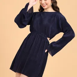 Popwings Striped Self Design Waist Cut-Out Detail Mini Fit & Flare Dress-image-25