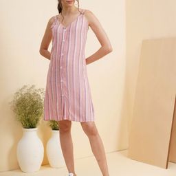 enzeo Pink Striped A-Line Dress-image-0