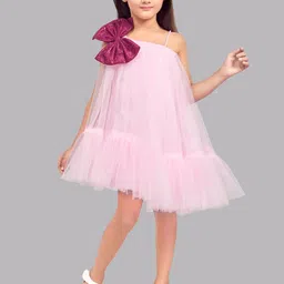 Pink Chick Girls One Shoulder Bow Detail Tulle Net A-Line Dress-image-88