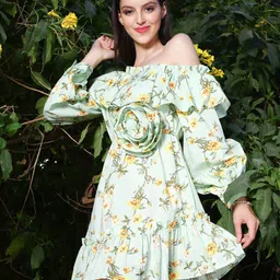 Sera Floral Printed Off-Shoulder Puff Sleeves Fit & Flare Dress-image-29
