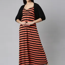 SHOWOFF Shoulder Straps Striped Cotton Maxi Dress With Shrug-image-33