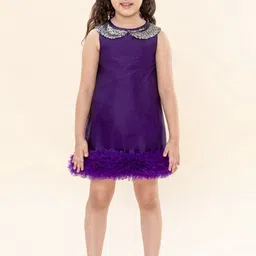 A T U N Girls Purple Embellished Embroidered Peter Pan Collar A-Line Dress-image-20