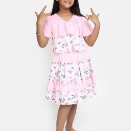 V-Mart Girls Floral Printed V-Neck Layered Cotton A-Line Midi Dress-image-61